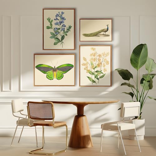 crmotu Vintage Framed Wall Art, Green Butterfly Rustic Wall Decorations, Nature Insect Pictures Canvas Prints, Retro Moth Paintings Wall Decor Living Room Bedroom, Farmhouse Bathroom Decor, 16x24 inch