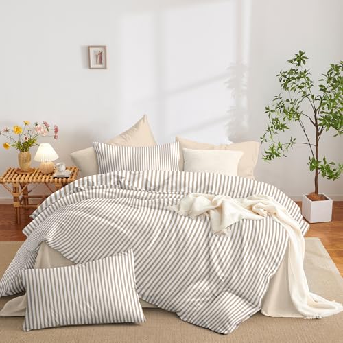 Image of Nayoroom Tan Striped Duvet Cover Queen Size Light Brown Stripe Duvet Cover Dorm Bedding Set 3 Pieces Soft Lightweight Washed Microfiber Farmhouse Bedding Set Gifts for Women Men