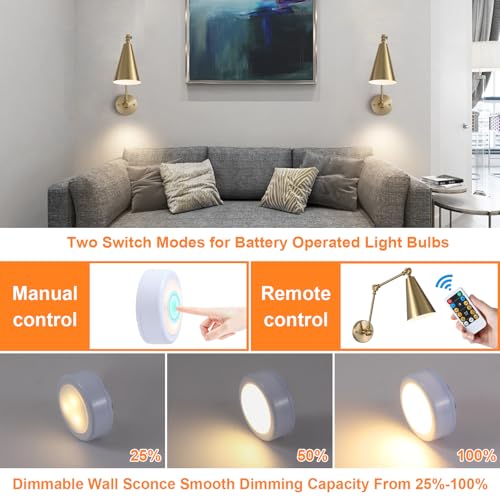 Image of MWZ Gold Battery Operated Swing Arm Wall Sconces Set of 2,Wireless Rechargeable Dimmable 3 Color Wall Light with Remote,Cone Indoor Light Fixture for Bedside,Kitchen,Hallway,Living Room,Reading