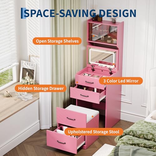 3 in 1 Vanity Desk with Flip Top Mirror, Compact Makeup Vanity Set with 3 Color LED, Dressing Table with 3 Drawers and Cabinet, Girls Small Vanity with Jewelry Box and Hidden Chair, Pink — view 6