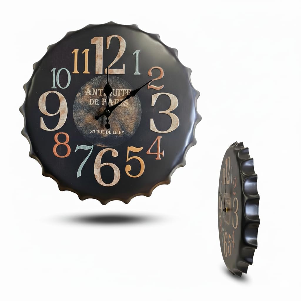 DC VOLTAGE Metal Crown Cap Wall Clock 40cm Round Clock – Black Retro Bottle Cap Design, Silent Quartz Movement, Industrial Beer Cap Wall Art for Kitchen, Bar, Café & Living Room Décor