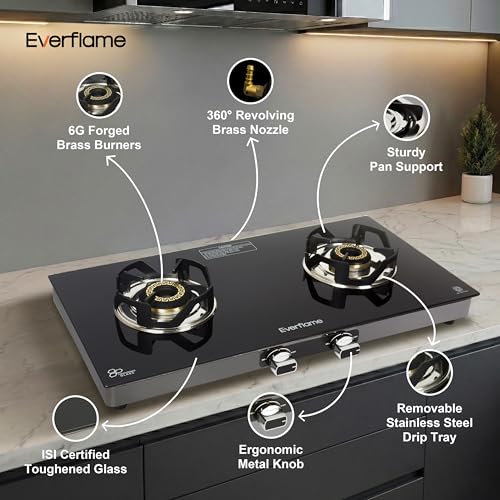 Image of Everflame Atlas 2 Burner Gas Stove | 6mm Toughened Glass Top | Euro-Coated Pan Support | LPG Ready & PNG Convertible | Manual Ignition | 2 Years Warranty + Doorstep Service