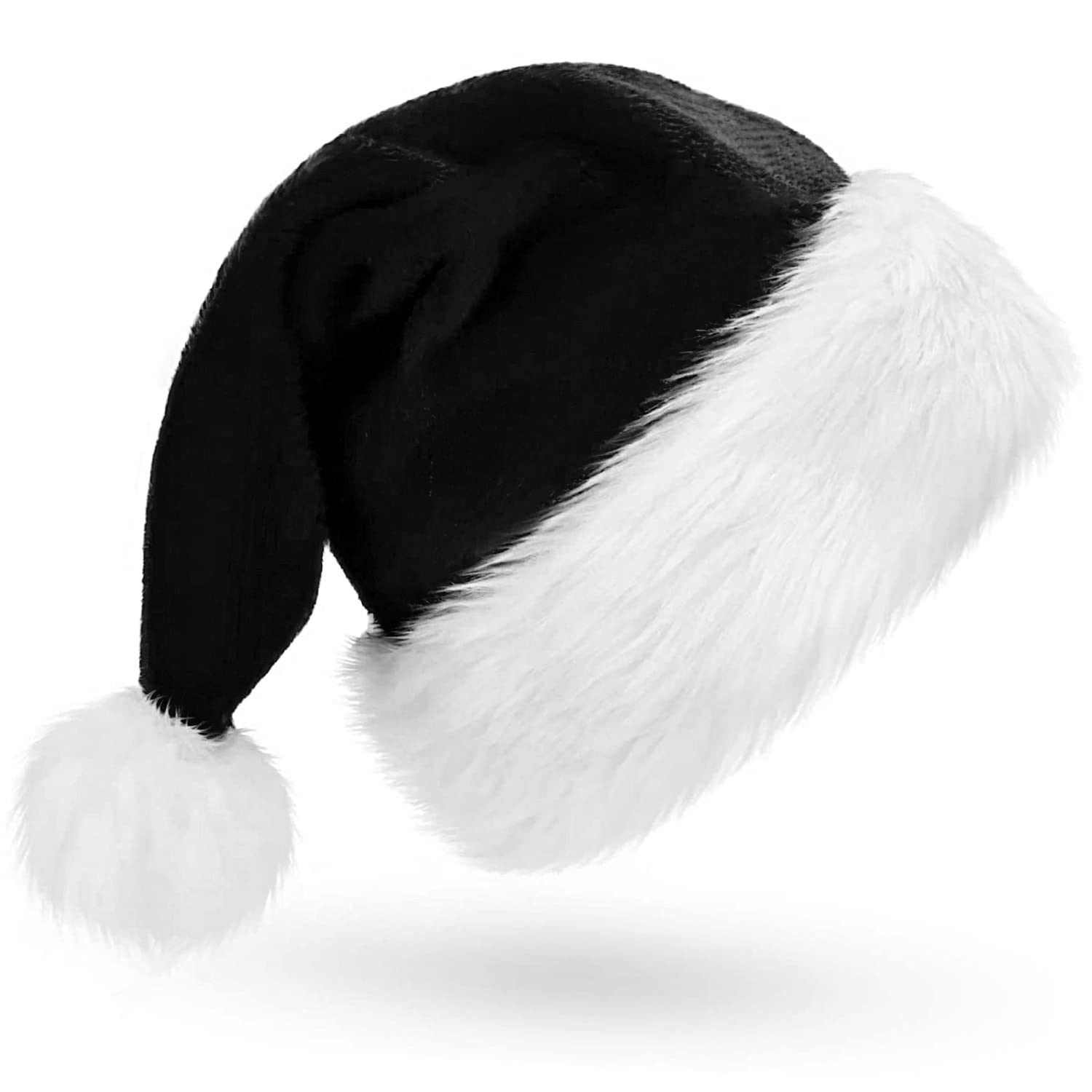 FOIMAS Santa Hat for Adults,Black Plush Christmas Hats with White Fur for Christmas Holiday Party Decoration Supply