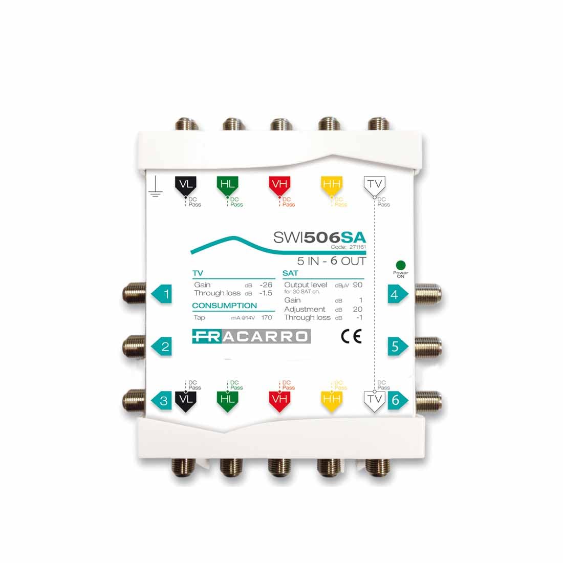 FRACARRO Multiswitch a cascata 5 ingressi, 6 uscite derivate, TV passiva e satellitare attivo con guadagno regolabile (0-20dB), banda satellitare fino a 2300MHz, alto isolamento (SWI506SA)