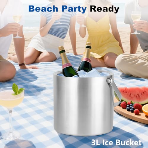 3L Stainless Steel Ice Bucket - Double Wall Insulated for Longer Lasting Ice. Ideal for Champagne, Wine, Cocktails. Includes Lid,Tongs and Scoop - Image 6