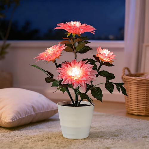 Image of Artificial Pink Dahlia Flower Lamp Light for Bedroom Bar Coffee Shop Wedding Decor, Gifts for Women Mom Daughter Grandma Aunt Girlfriend Coworker Friend Birthday Christmas Valentines Mothers Day
