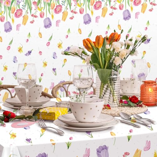 Image of Kochorie 100 Ft x 54 Inch Spring Flower Tulip Tablecloth Roll Plastic Floral Disposable Table Cover Butterfly Wildflower Themed Backdrop for Spring Floral Tea Party Birthday Wedding Decor