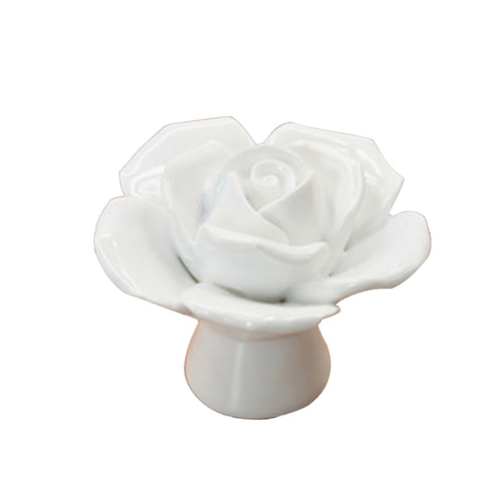 Jian Ya Na White Rromantic European Modern Minimalist Ceramic Vintage Floral Rose Flower Wardrobe Door Knobs Handle Drawer Kitchen Cabinet Drawer Doorknobs With Screw For Home Decorating (White)