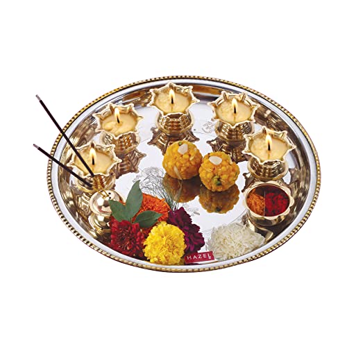Image of HAZEL Stainless Steel Pooja Aarti Thali Set | Gold & Silver Finish | 28 cm Festive Thali with 5 Diyas & Incense Stand | Elegant Gift for Rituals