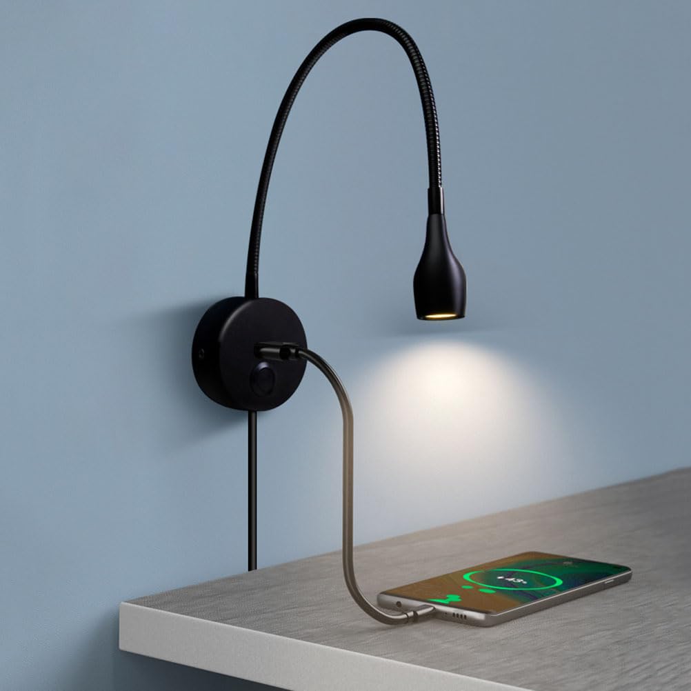 AoLa Lampka do czytania LED z przełącznikiem Kinkiet Elastyczna lampa na gęsiej szyi Obrotowe oświetlenie ścienne 3W z portem ładowania USB Lampka nocna z wtyczką i Lampka do czytania Naścienny