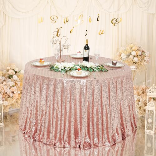 Eternal Beauty Rose Gold Tablecloth, 120 Inch Round Sequin Tablecloth for Mother's Day Party Cake Dessert Table Exhibition Events