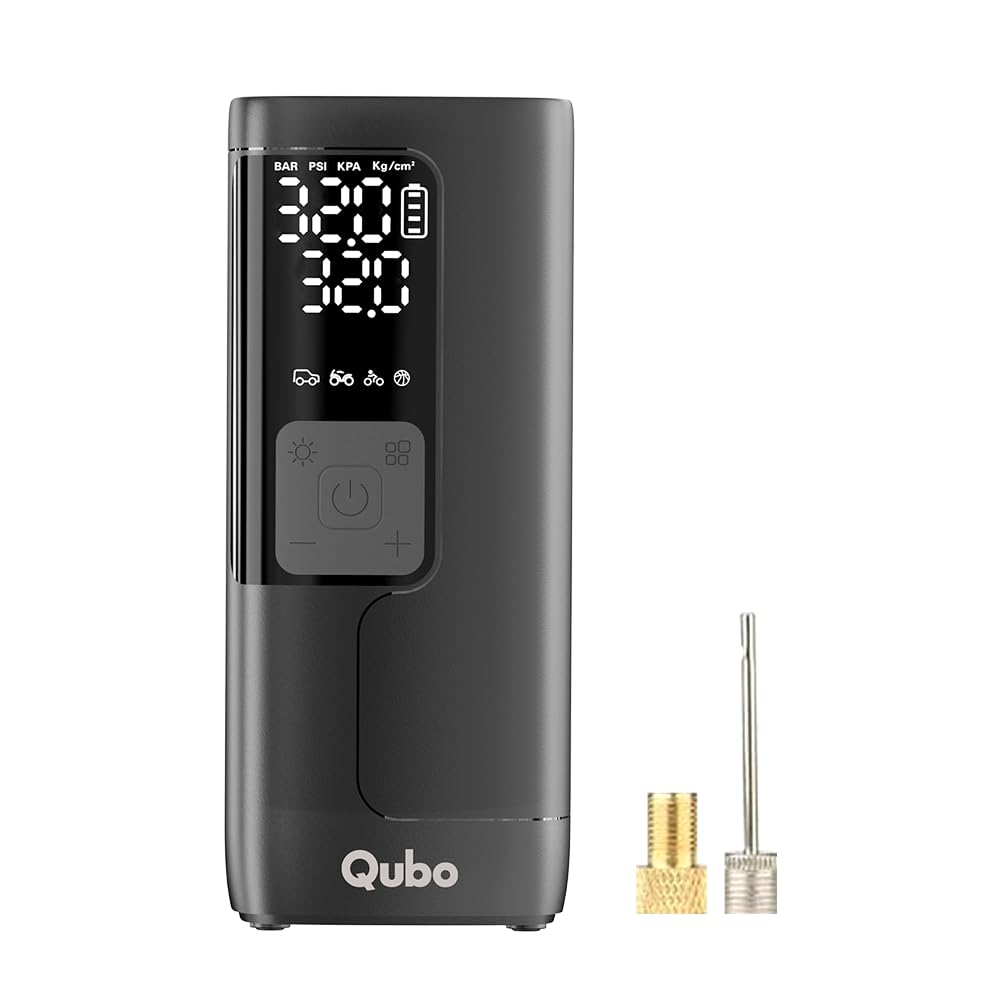 Qubo Digital Tyre Inflator MAX by Hero Group | 5200 mAh Battery+12V Port | 150 PSI | Quick Inflation | Digital Display | 5 Air Fill Modes | Auto Cut-Off | Multi-Nozzle Compatible | Emergency Light