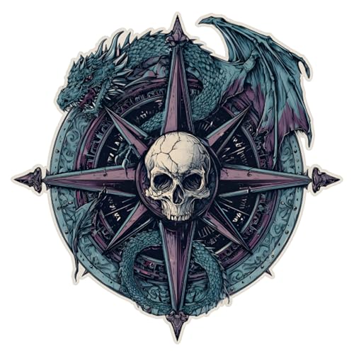 Pegatina vinilo personalizada – Calavera con dragón y rosa de los vientos – Adhesivo troquelado resistente para coche, moto, casco o portátil (12 X 12 CM)