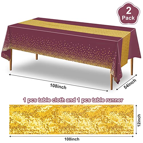 Image of Irenare 2 Pcs Maroon and Gold Tablecloth and Sequin Table Runner Set Polka Dots Confetti Table Cover Dining Plastic Tablecloths Glitter Decorations for Birthday Wedding Anniversary Party Supplies