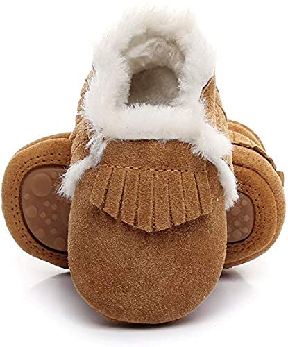 Bebila Baby Moccasins Shoes First Walkers with Fur Fleece Rubber Soles Girls Boys Leather Snow Boots (12-18Months/6 M US Toddler/13cm, Brown-2)