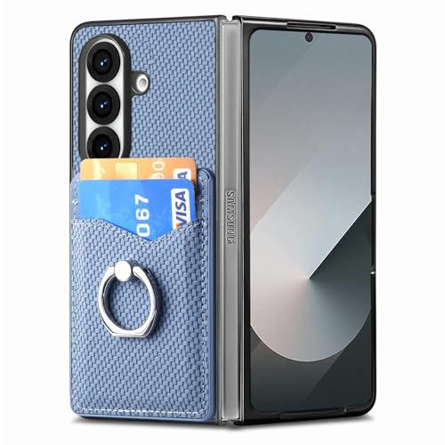Coque Galaxy Z Fold 7 LEMAXELERS en cuir bleu avec porte-cartes et anneau rétro
