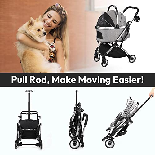 Skisopgo 3 In 1 Foldable Pet Stroller For Small Medium Dogs Cats, No-Zip Dog Stroller With Detachable Carrier, Push Button, Luxury Pet Gear Stroller For Puppy Travel (Grey) #TOP6