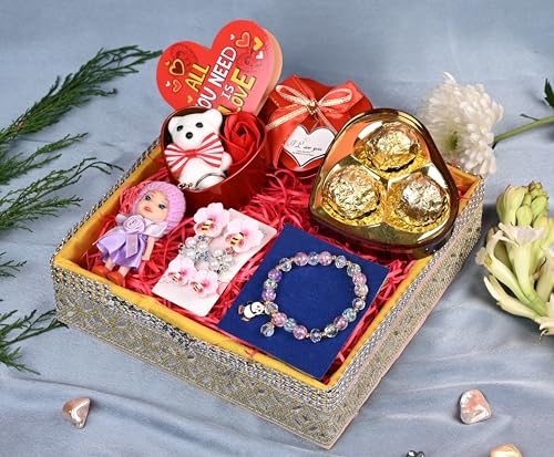 Valentine Teddy Bear gift/valentine gift for girlfriend/valentine gift for her-Decorated hamper+Chocolate box+Teddy bear and rose+Pearl clip set+Crystal beaded bracelet+Doll keychain+Card