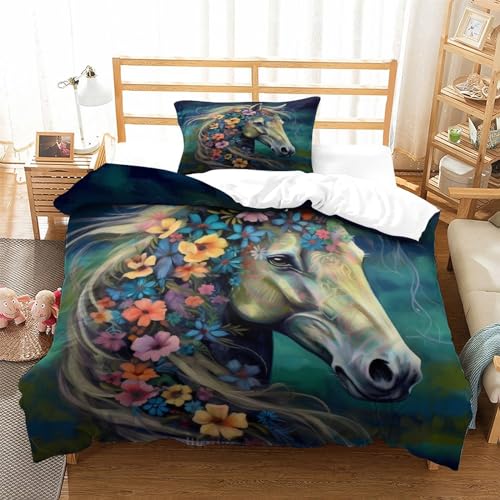 Housse de couette fleurs et chevaux parure de lit 3 pièces microfibre 135x200