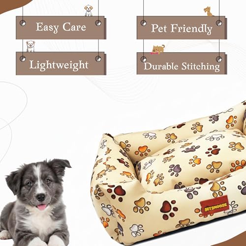 Image of SITSNOOZE Small Dog Bed (Up to 5kg) for Shih Tzu, Pomeranian, Chihuahua Puppies - Soft Washable Bed, Orthopedic Cushion, Indoor Waterproof Anti-Slip Pet Mattress (White & Brown Printed, S)