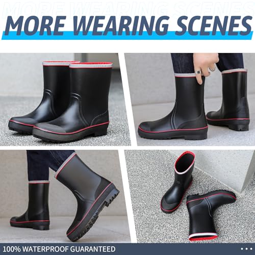 Image of mens rain boots waterproof work boots for men mid-calf deck bootie comfortable garden shoes lightweight chelsea bootie for Gardening Fishing Boating Camping Sailing red&black