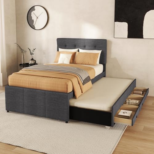 Pawom Cama acolchada 90x200 cm con cama nido nido nido y tres cajones, cabecera ajustable, cama familiar sin colchón, gris