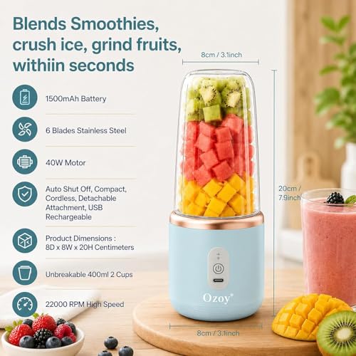 Image of Portable Blender Electric Juicer USB Rechargeable Fruit Mixers Mini Personal Smoothie Maker 6 Blades 3 Gears Ideal for Smoothies, Protein Shakes, Fresh juices, sauces -1500mAh Battery