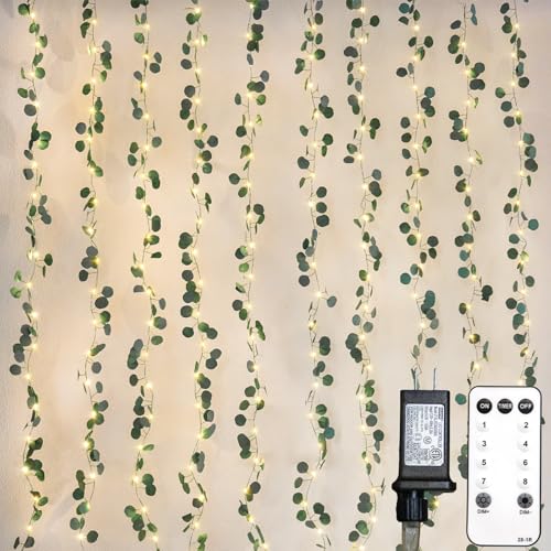 suddus 200 LED Vine with Light Plug in, 6.5ft x 6.5ft Eucalyptus Fairy Curtain Lights with Remote, Leaf Fairy Lights for Wall,Bedroom, Dorm, Wedding, Party, Indoor Decor(Warm White)
