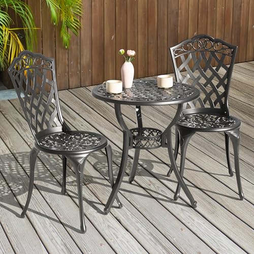 Image of NUU GARDEN 3-Piece Patio Bistro Set Outdoor Cast Aluminum Bistro Table and Chairs Set of 2, Outdoor Patio Bistro Set with Umbrella Hole for Patio Balcony, Black