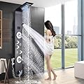 Shower Panel Tower System with LED Lights, 5 in 1 Rainfall Waterfall Shower Panel with Massage Body Jets and Tub Spout,Matte Black