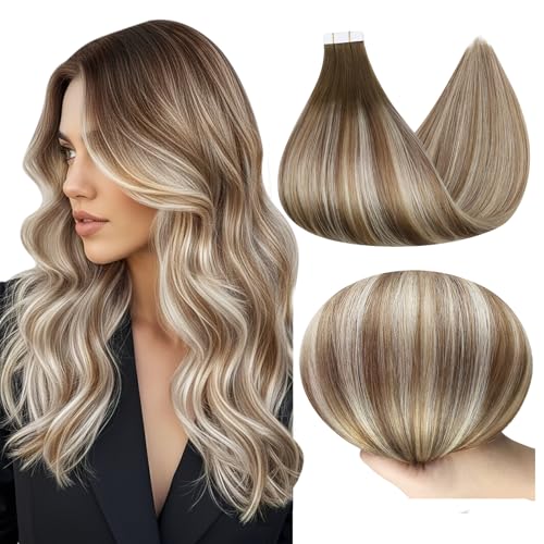Full Shine Tape in Hair Extensions Human Hair 16Inch Remy Tape in Extensions 20Pcs 50G Seamless Tape Hair Extensions Real Human Hair Dark Roots Color 3/8/22 Brown and Blonde Highlights for Wedding