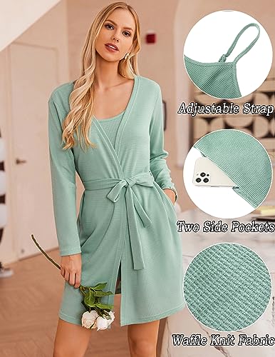 Image of Ekouaer Pajamas for Women Set 3 Piece Lounge Set Soft Pajama Sets Waffle Knit Tank Top and Shorts Cardigan with Pockets S-XXL