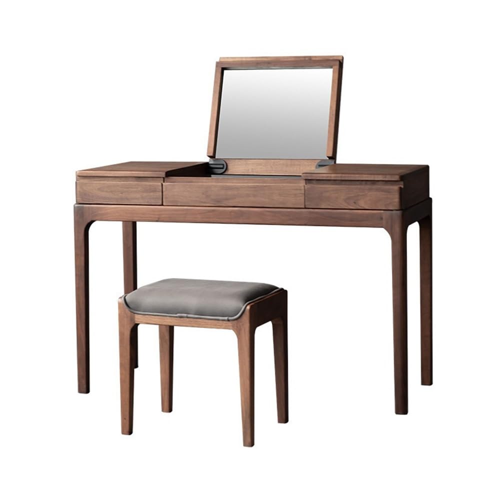 asdchZen Black Walnut Solid Wood Makeup Vanity Desk With Flip Top Multi-Functional Beauty Station Stylish Dressing Table For Home & Salon Use