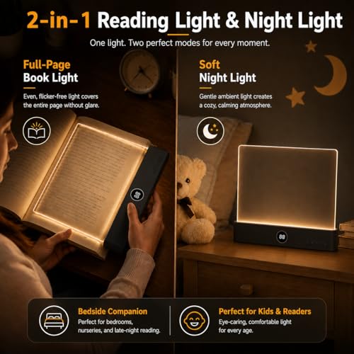 Image of 2 in 1 Smart LED Book Light & Night Light, with 3 Colors, Stepless Dimming | Rechargeable Clear Full Page Reading Light with Timer, Eye-Friendly Gifts for Readers, Students, Seniors & Book Lovers, Black