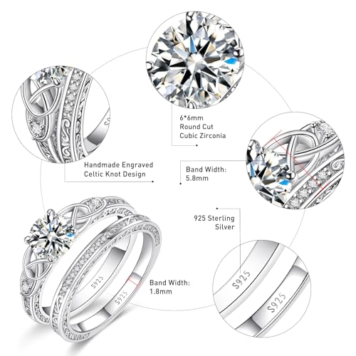 Vintage Celtic Knot Women's Engagement Ring Sets 925 Sterling Silver/14K Gold Plated Stackable Wedding Bands Rings AAAAA Cubic Zirconia Women Bridal Sets Wedding Ring Band Width 1.8mm Size 5-93