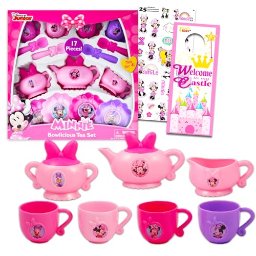Minnie Mouse Tea Playset for Girls - Bundle with 17 Piece Minnie Mouse Tea Set with Minnie Tea Cups Saucers and Tea Kettle Plus Minnie Stickers | Minnie Mouse Tea Party Set