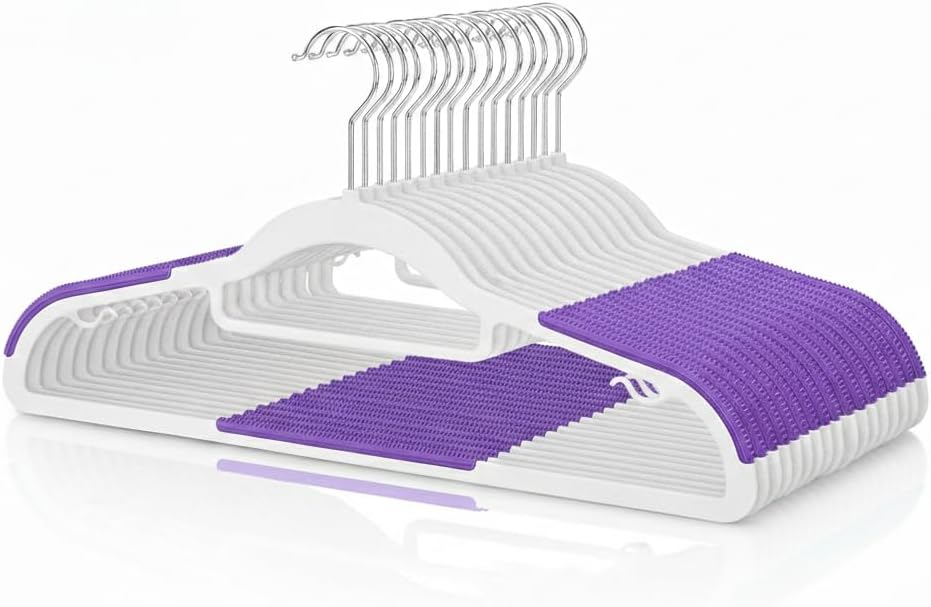 10-Pack 42cm White With Purple Plastic Clothes Hangers,Ultra Thin Non Slip Clothes Hanger Space Saving Coat Hangers, 360°Rotating Hook,Pant Hangers (RG-WT-PU)