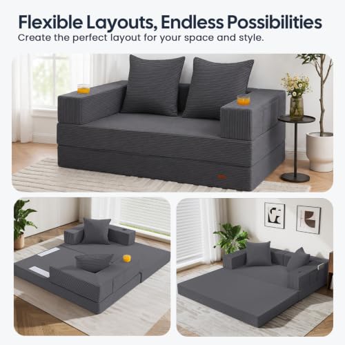 Image of COMAX Futon Sofa Bed, Convertible Sofa Bed, Folding Boneless Couches | Low-Profile Boneless Couch for Living Room, 11.8 inch H Low Seat Small 59 inch Foldable Floor Sleeper Mattress Lounge Space‑Saving