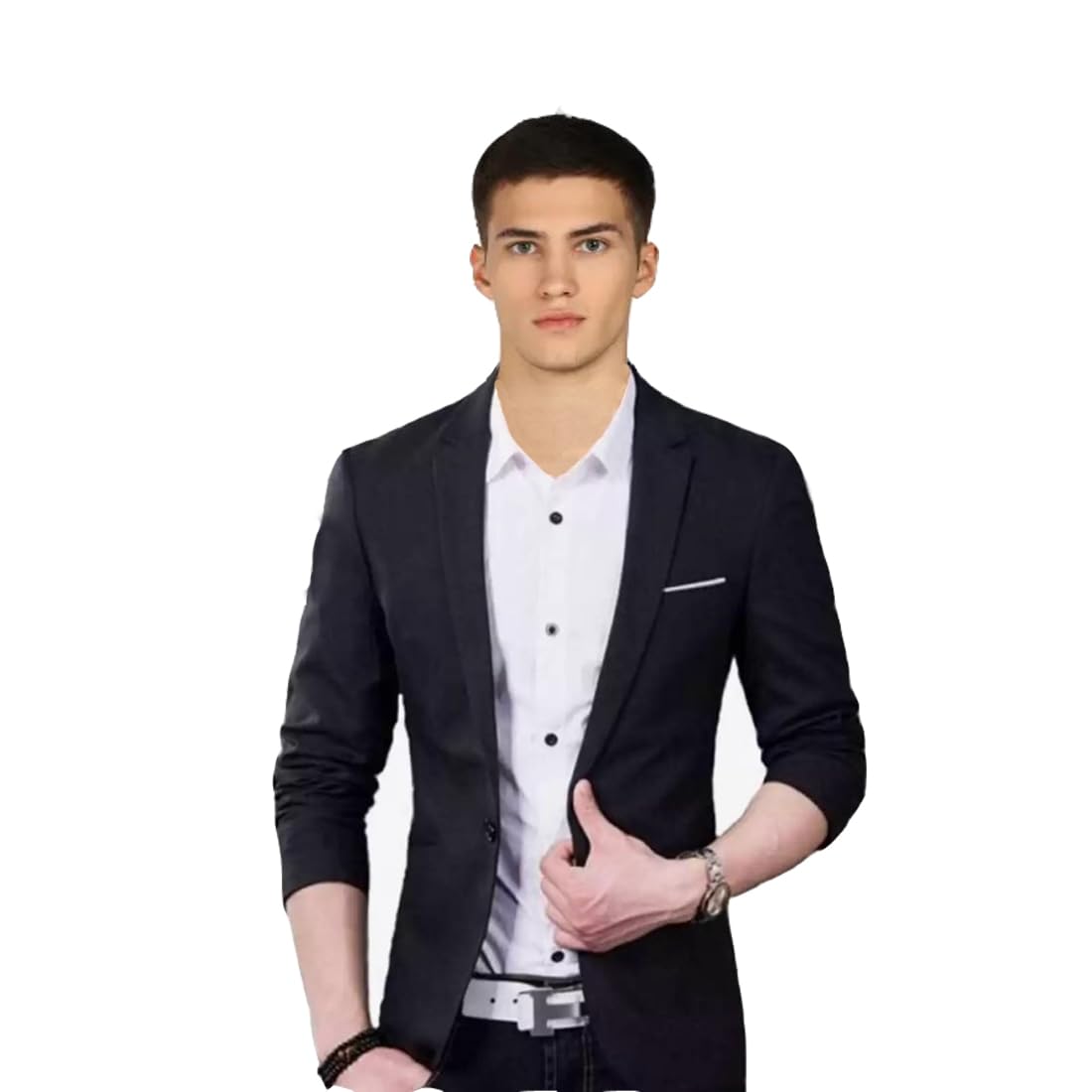 Classic Slim Fit Blazer, Single Breasted, Black with White Pocket Square, Formal and Casual Wear