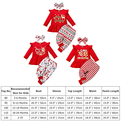 Pasgeboren baby meisje Mijn eerste kerst outfit lange mouwen shirt top + lange broek + hoofdband 3-delig kledingset herfst winter warme kleding 1e kerstfeest geschenken, rood-hert., 3-6 Maanden - Afbeelding 8
