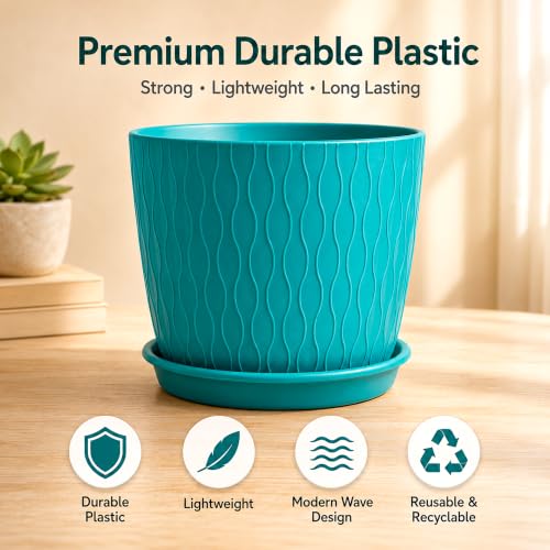 Image of SWAPKART (Pack of 5 6 Inch Plastic Flower Pots for Indoor & Outdoor Terrace,Garden Plants Decorative Planters with Drainage Holes & Matching Saucers Durable & Lightweight (Peacock)