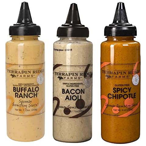 Terrapin Ridge Farms Squeeze Me Baby Sampler Set – One Each of Buffalo Ranch, Bacon Aioli, and Spicy Chipotle Garnishing Squeeze Bottles (3 Items) Cover