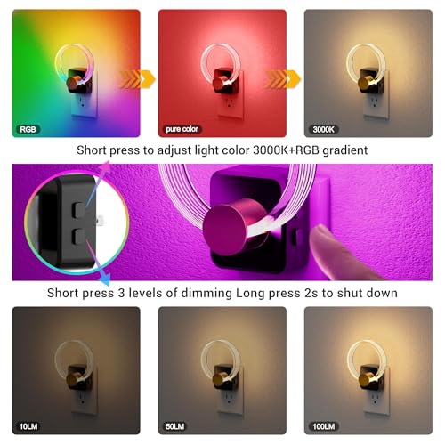 Image of JandCase Night Light, 2 Pack Color Changing Night Lights Plug into Wall | RGB Nightlight with Light Sensor, 180 Rotatable Plug in Nightlights, Dimmable Ring Acrylic Night Light for Kids Gift Hallway