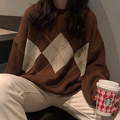 Lunoakvo Women Geometric Pattern Argyle Pullovers Loose Oversized O-Neck Knitted Sweaters Jumper Coffee #TOP4