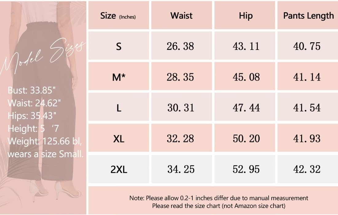 PrinStory Pantalon d'été léger à jambe large avec poches et taille élastique pour femme