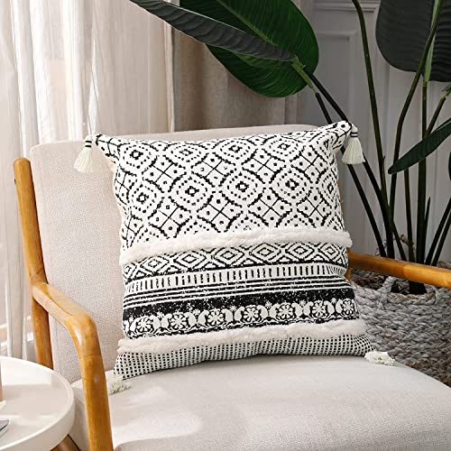 Image of Modern Homes Boho Tufted Decorative Throw Pillow Covers for Couch Sofa - Moroccan Style Cushion Covers with Tassels, Accent Decor Pillow for Bedroom Living Room (Black, 16x16 inch)
