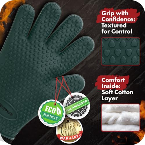 Image of KITCHEN PERFECTION S Silicone Smoker Oven Gloves -Extreme Heat Resistant BBQ Gloves -Handle Hot Food Right on Your Grill Fryer Pit|Waterproof Oven Mitts |Superior Value Set+3 Bonuses