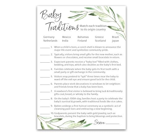 GREENERY Baby Shower Games — BABY TRADITIONS around the World Game — Pack of 25 — Fun Facts, Floral Green Olive Branch Trivia, Rustic Gender Neutral Minimalist Couples Shower Activity Reveal G320-BTW1