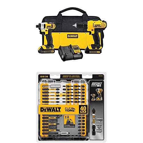 DEWALT DCK240C2 20v Lithium Drill Driver/Impact Combo Kit (1.3Ah) with FlexTorq Screw Driving Set, 40-Piece