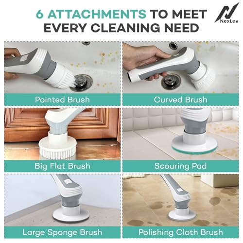 Image of Nexlev Electric Spin Scrubber for Bathroom | Bathroom Cleaning Machine Electric with 6 Interchangeable Heads | Auto Water Spray | 90 Min Runtime | Adjustable Handle | IP68 Waterproof SS-02